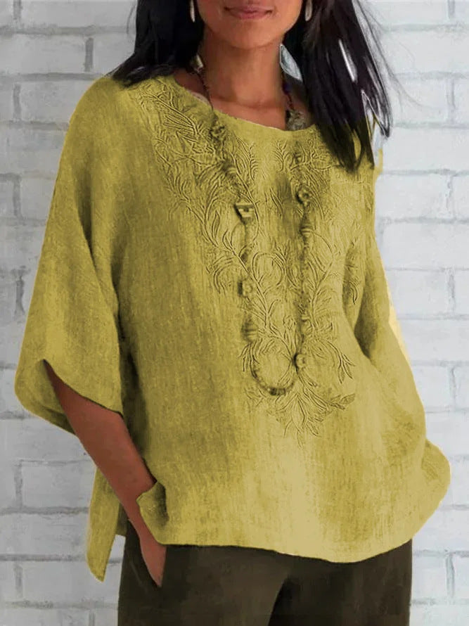 Damen Leinenbluse Bestickt Elegant Sommer
