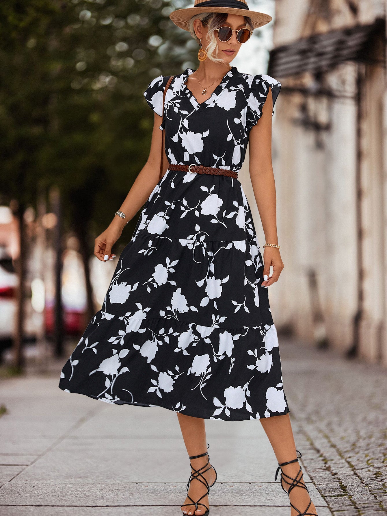 Frauen Midi-Kleid Blumenmuster Rüschen Elegant Geschnürt