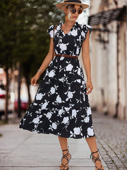 Frauen Midi-Kleid Blumenmuster Rüschen Elegant Geschnürt