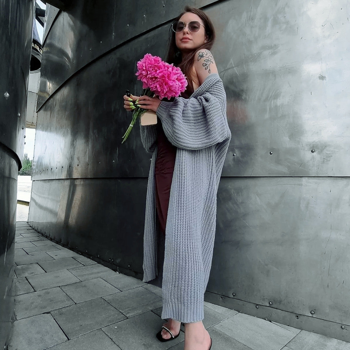 Große Strickjacke Oversized Wollstoff Offener Vorderteil