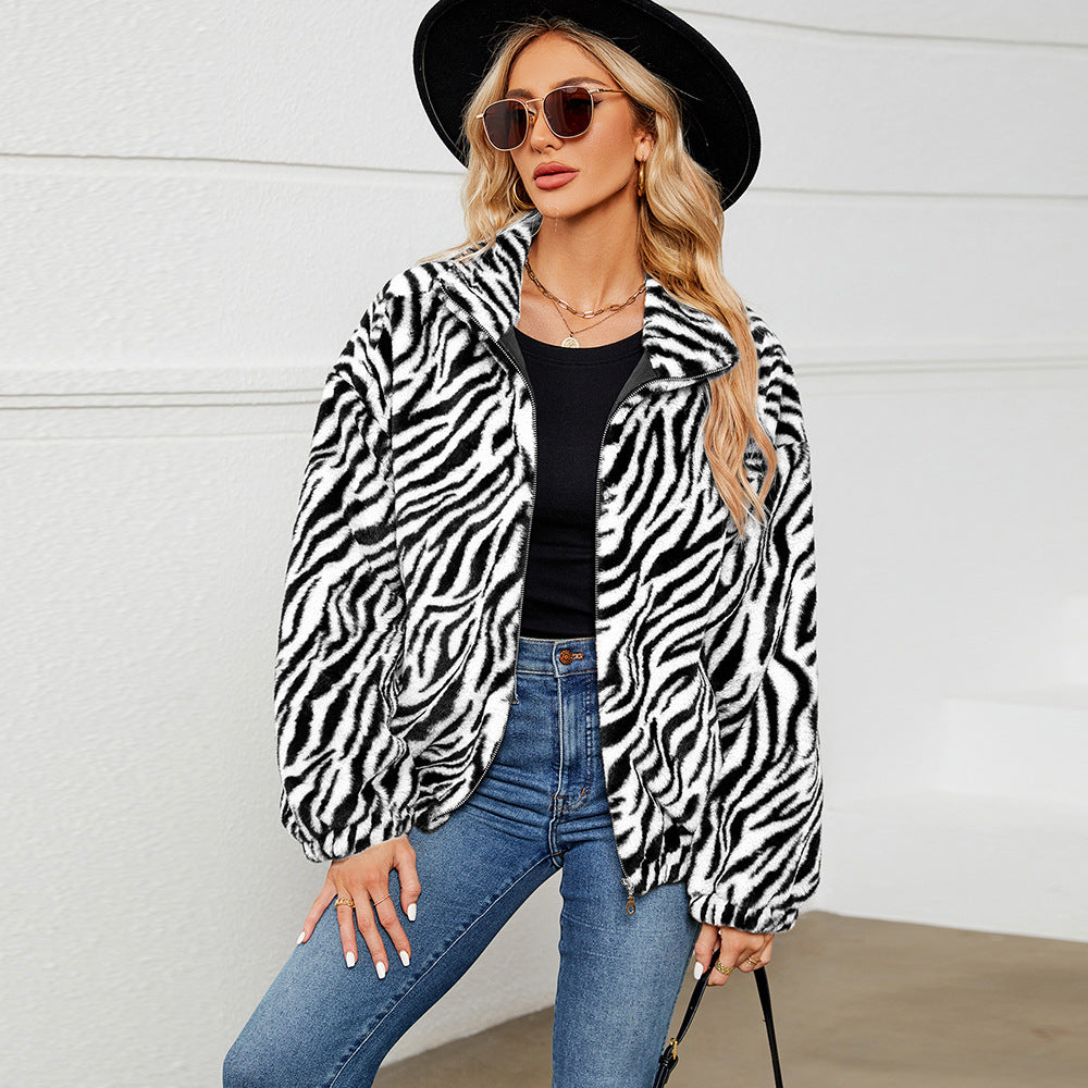 Damen Plüschjacke Zebra Muster Stehkragen Trendig