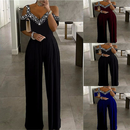 Damen Jumpsuit Eleganz Schulterfrei Glitzernd - IdealeKleiden