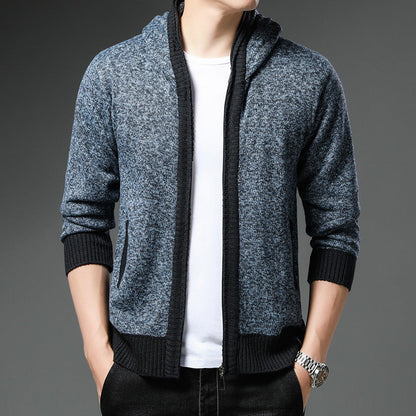 Herren Strickjacke Modern Kapuze Schwarz Weiß