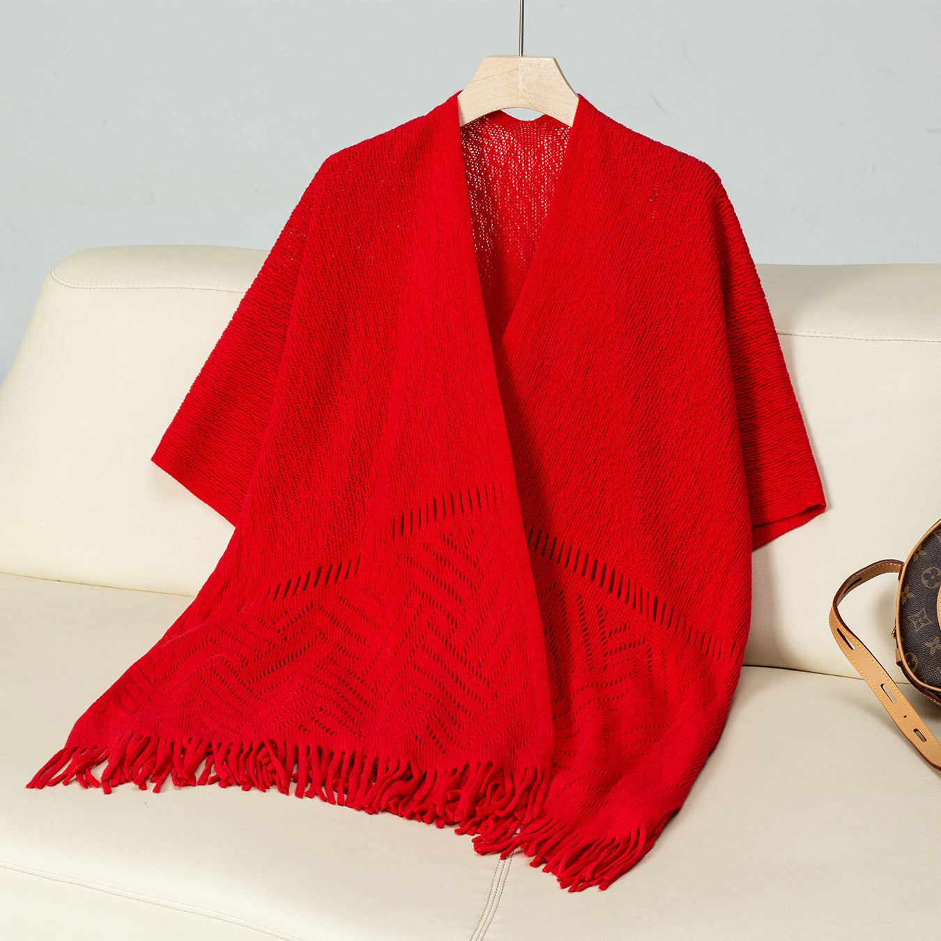 Damen Strickponcho Elegantes Design Fransen Muster