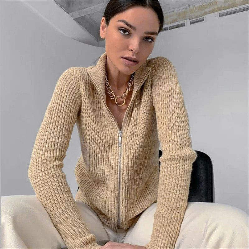 Damen Strickjacke Hochkragen Modern Schnellverschluss