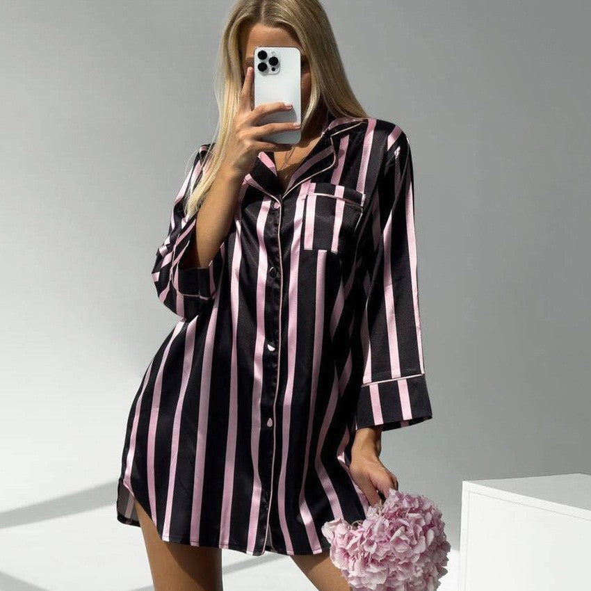 Damen Nachthemd Streifenmuster Elegantes Nachtwear