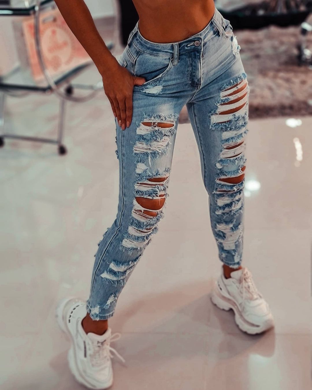 Damen Skinny Jeans Ripped Fashion Look