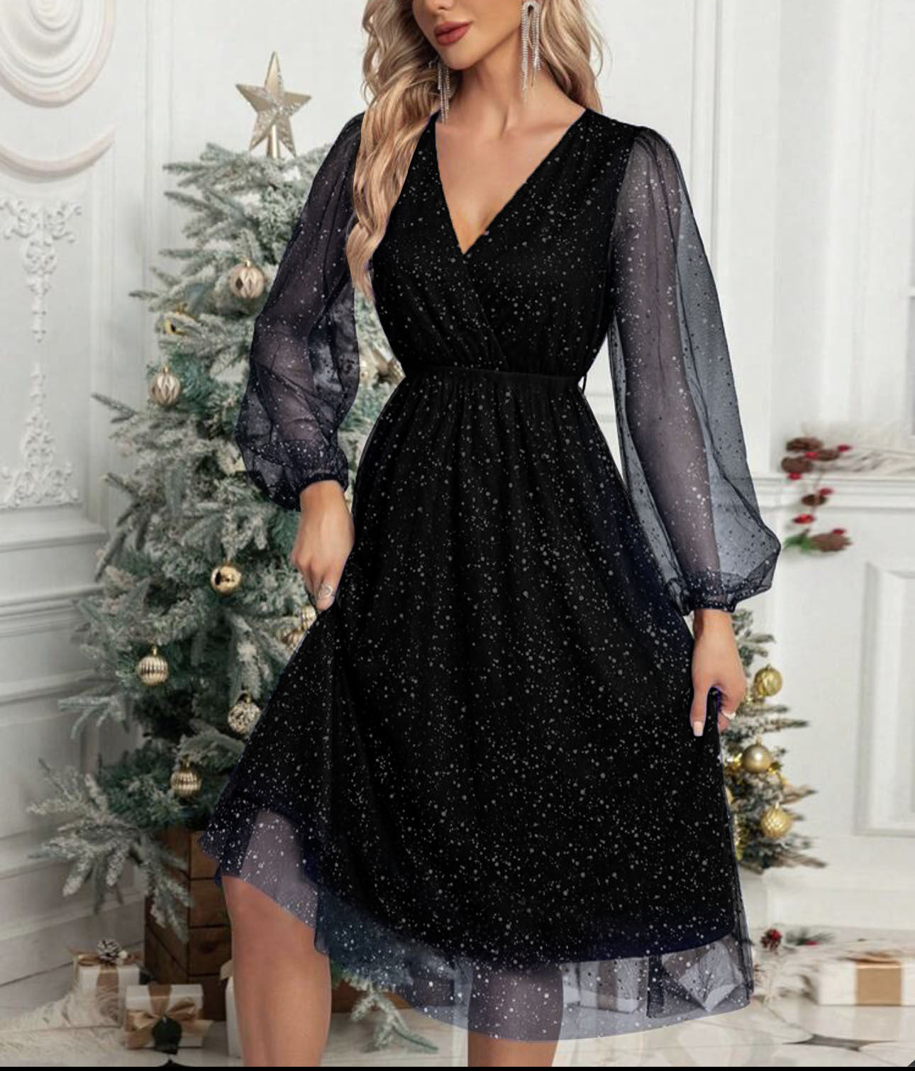 Damen Partykleid Glitter Puffärmel Abendkleid Elegant