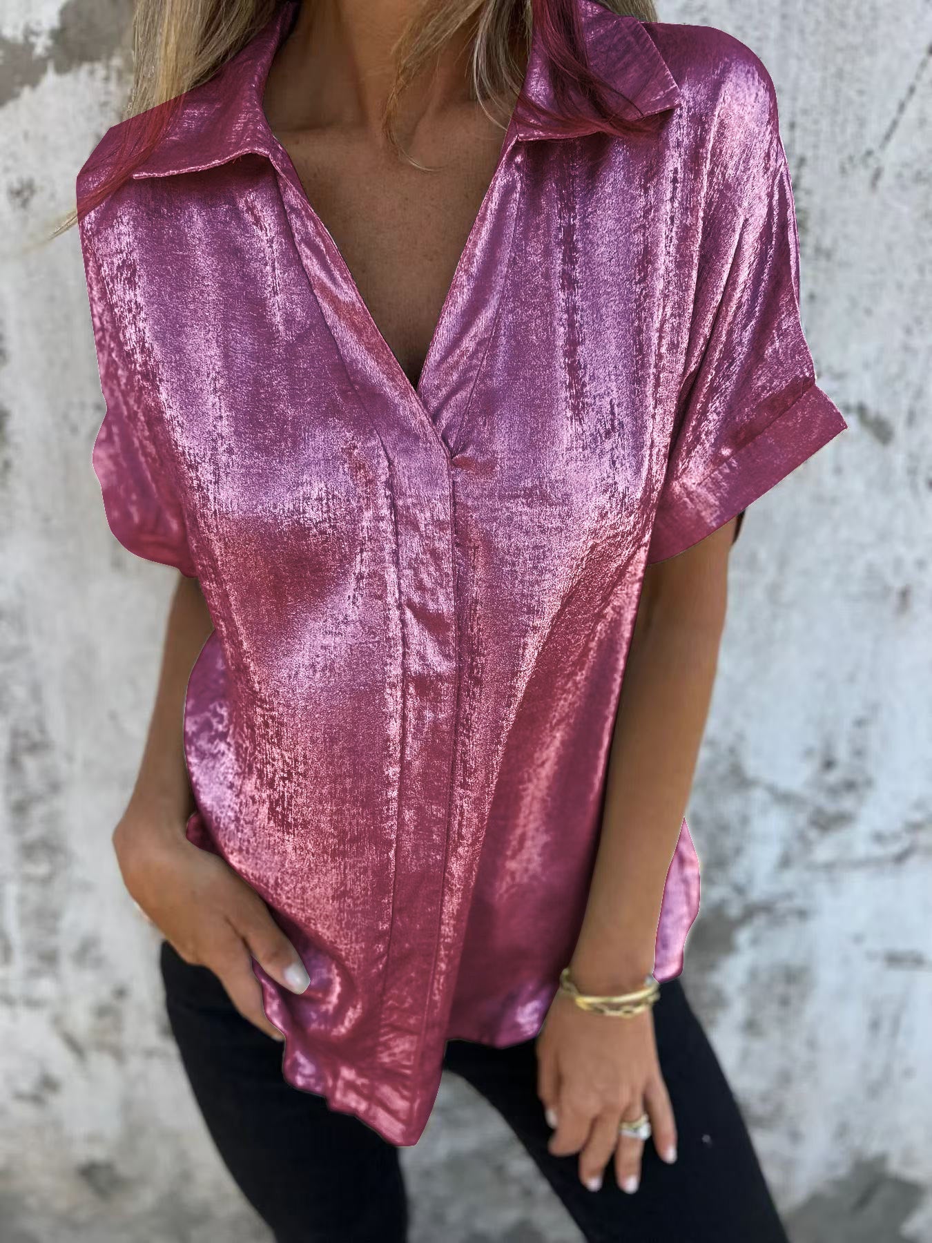 Damen Satin Bluse Elegant Glanz Finish