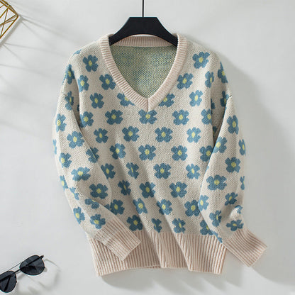 Frauen Strickpullover Blumenmuster Elegant