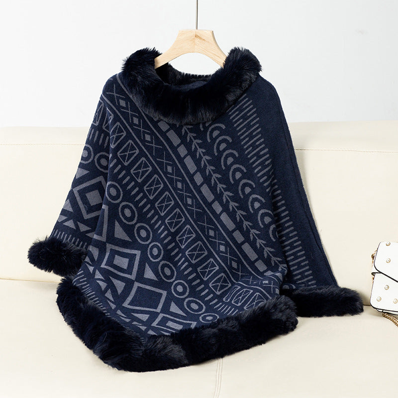 Damen Poncho Elegant Kunstfell Kragen Trendy