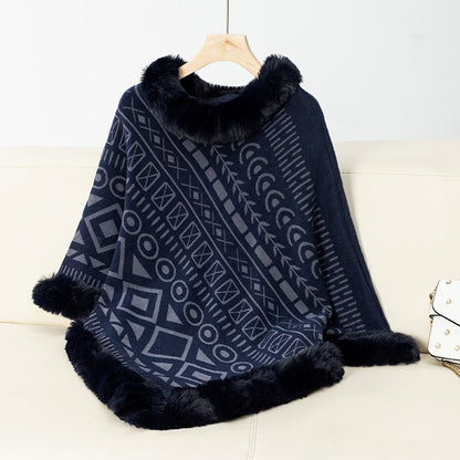Damen Poncho Elegant Kunstfell Kragen Trendy