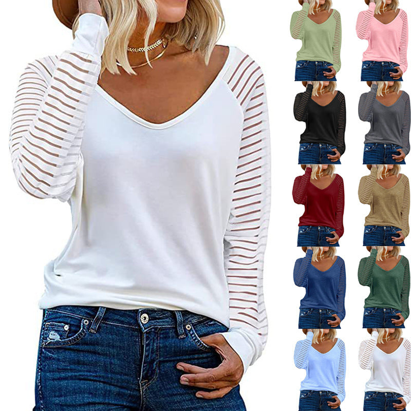 Damen Oberteil Langarm V-Ausschnitt Streifen Ärmel Trendy - IdealeKleiden