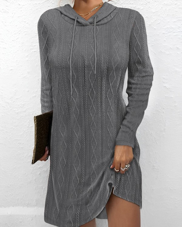 Damen Strickkleid Kapuze Seitenschlitze Trendy