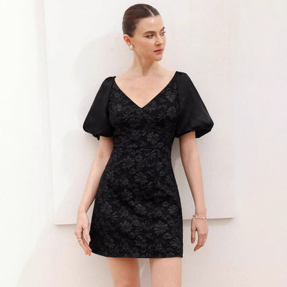 Kurzes Damenkleid Puffärmel Blumenmuster - IdealeKleiden