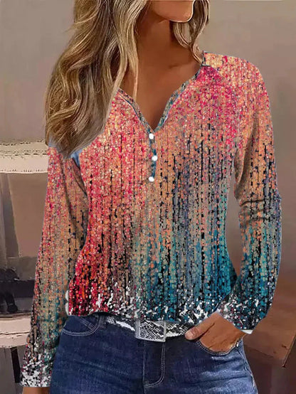 Damen Langarmshirt Elegant Farbverlauf Knöpfe