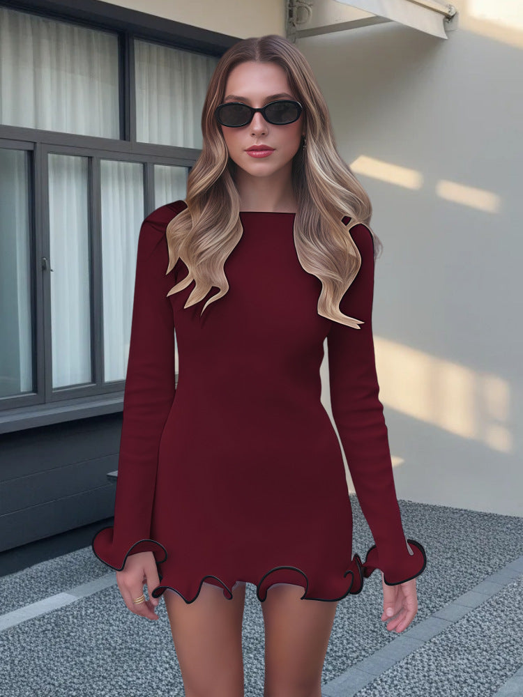 Damen Minikleid Elegant Figurbetont Volant Ärmel