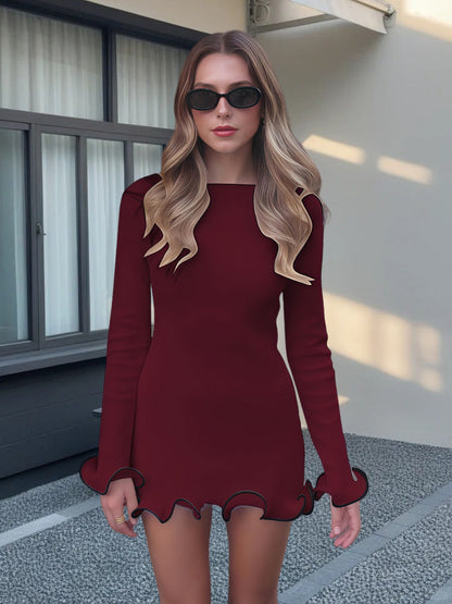 Damen Minikleid Elegant Figurbetont Volant Ärmel