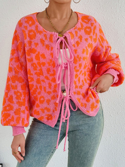 Damen Strickjacke Leopardenmuster Elegant Verstellbar