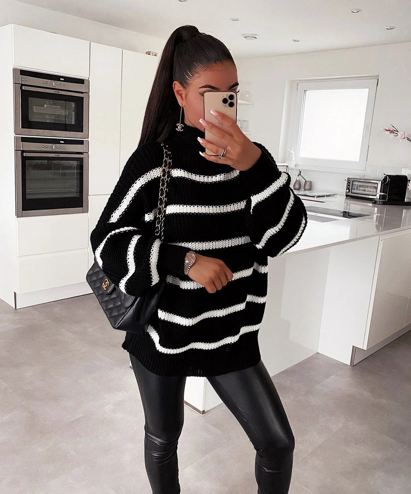 Damen Oversized Pullover Streifen Rollkragen Modern