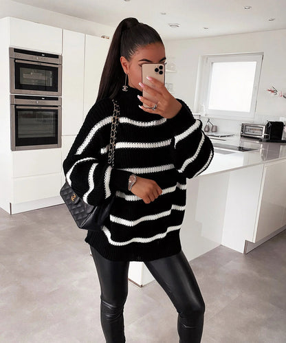 Damen Oversized Pullover Streifen Rollkragen Modern