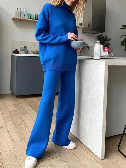 Damen Strickoutfit Hochkragen Weite Bein