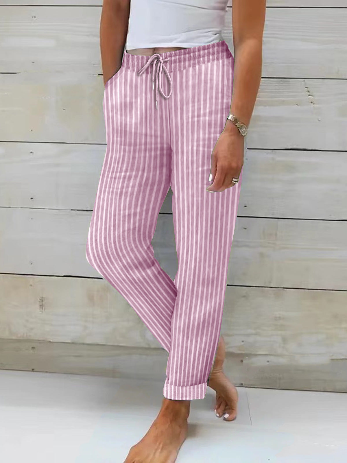 Damen Bequeme Baumwollhose Streifenmuster Flexibler Bund