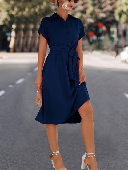 Damen Kleid Knielang mit Gürtel und V-Ausschnitt Elegant
