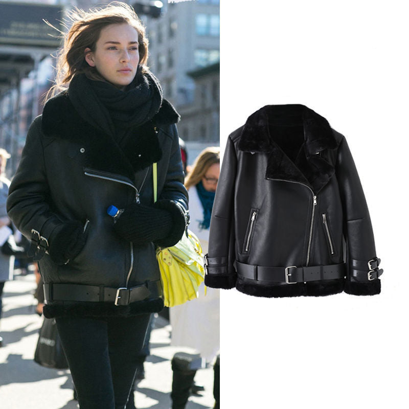 Lederjacke Damen Elegant Fellkragen Verstellbar - IdealeKleiden
