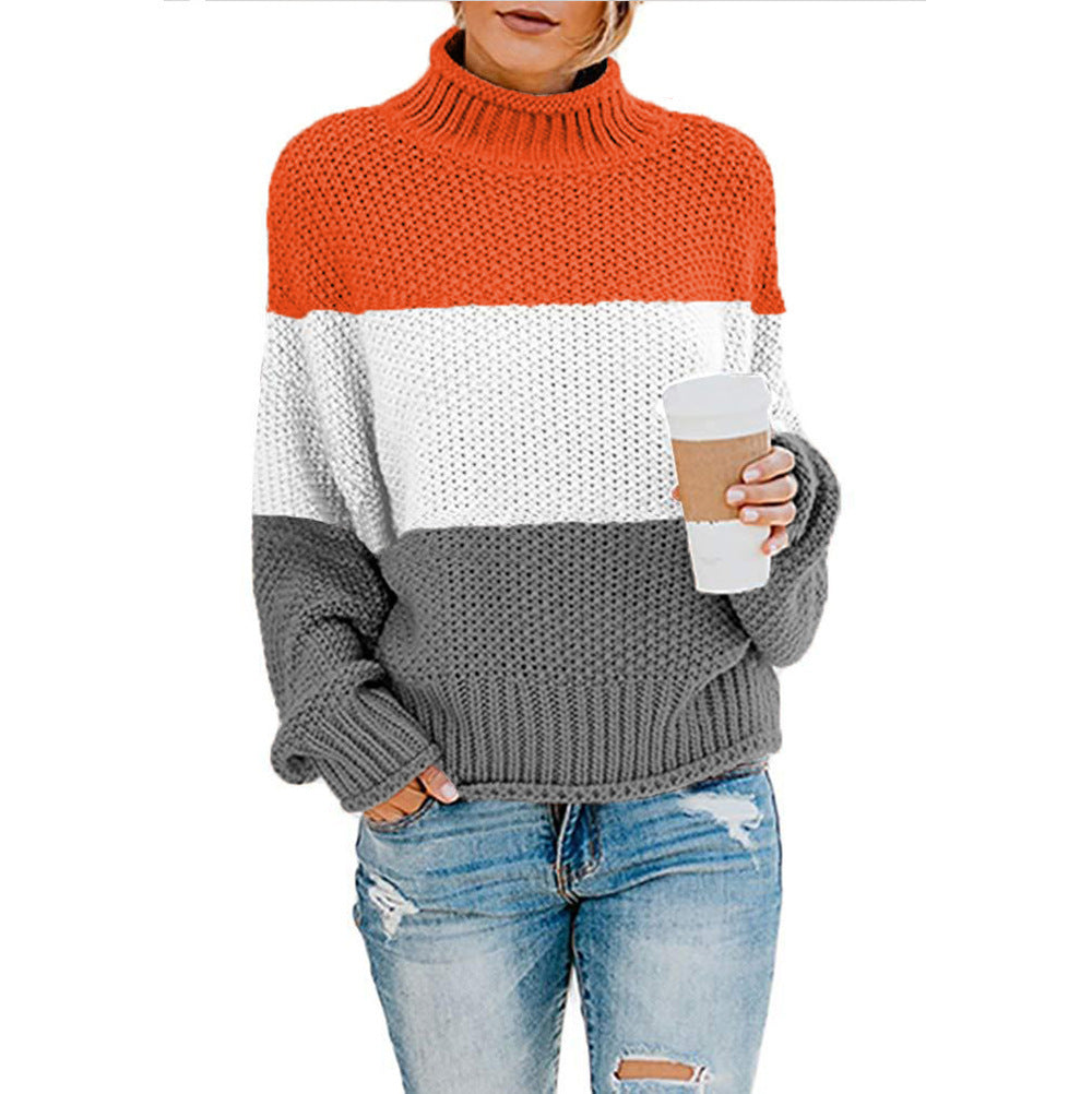 Damen Pullover Grobstrick Hochkragen Modern Farbblock