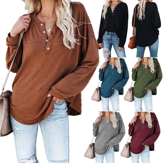 Damen Langarmshirt Lässig Knopf Detail Oberteil - IdealeKleiden