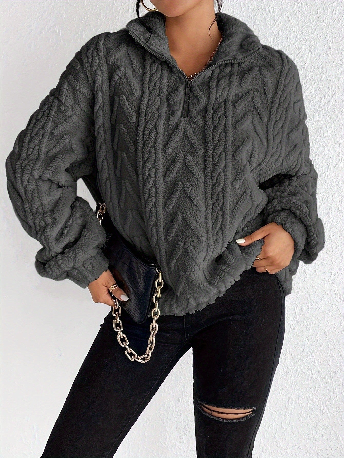 Damen Pullover Weich Fleece Hochkragen Modern