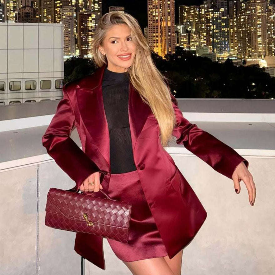 Damen Blazer Satin Elegant mit Minirock Komplett Outfit - IdealeKleiden