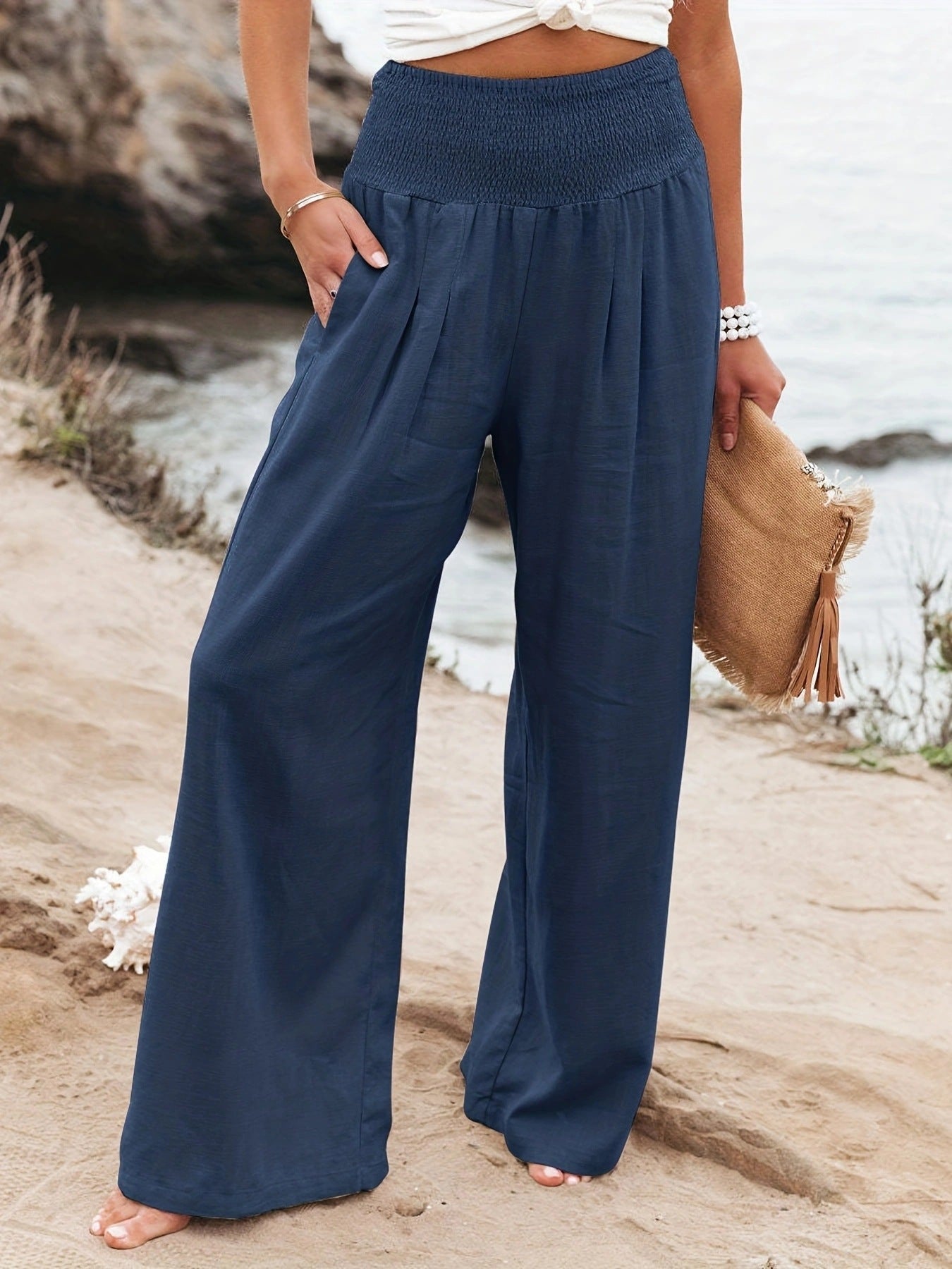 Damen Leinenhose Weit Bequem Faltenrock Effekt