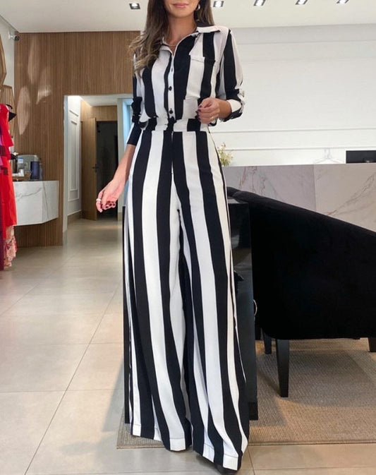 Damen Jumpsuit Chic Streifenmuster Mit Taschen - IdealeKleiden