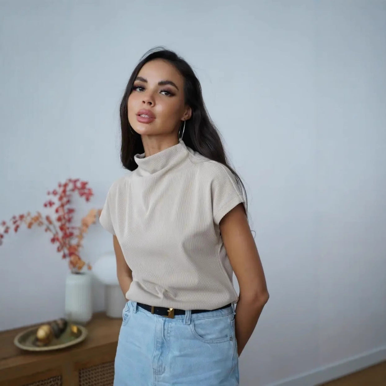 Damen Top Kurzarm Elegant Hochkragen - IdealeKleiden