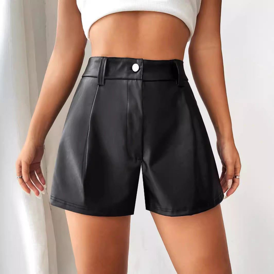 Damen Shorts Hochtailliert Kunstleder Elegant Schnitt