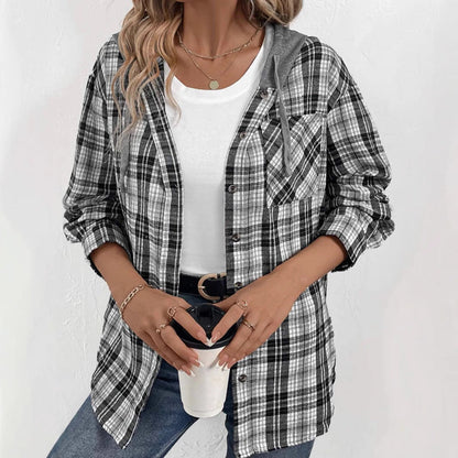 Damen Flanell Jacke Lässig Karo Kapuze - IdealeKleiden