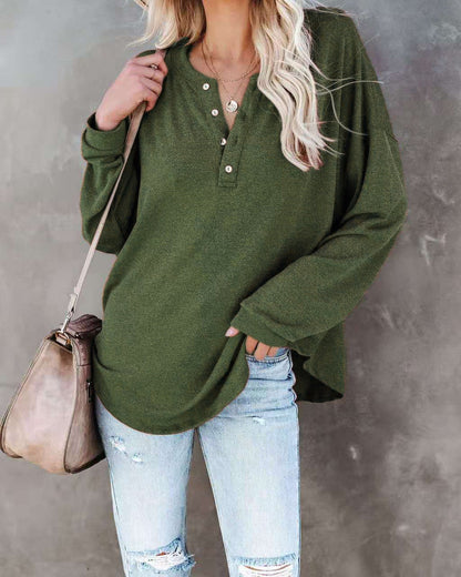 Damen Langarmshirt Lässig Knopf Detail Oberteil