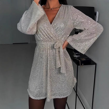 Glitzerndes Abendkleid Damen Elegant V-Ausschnitt