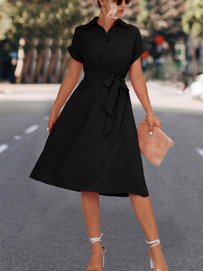 Damen Kleid Knielang mit Gürtel und V-Ausschnitt Elegant