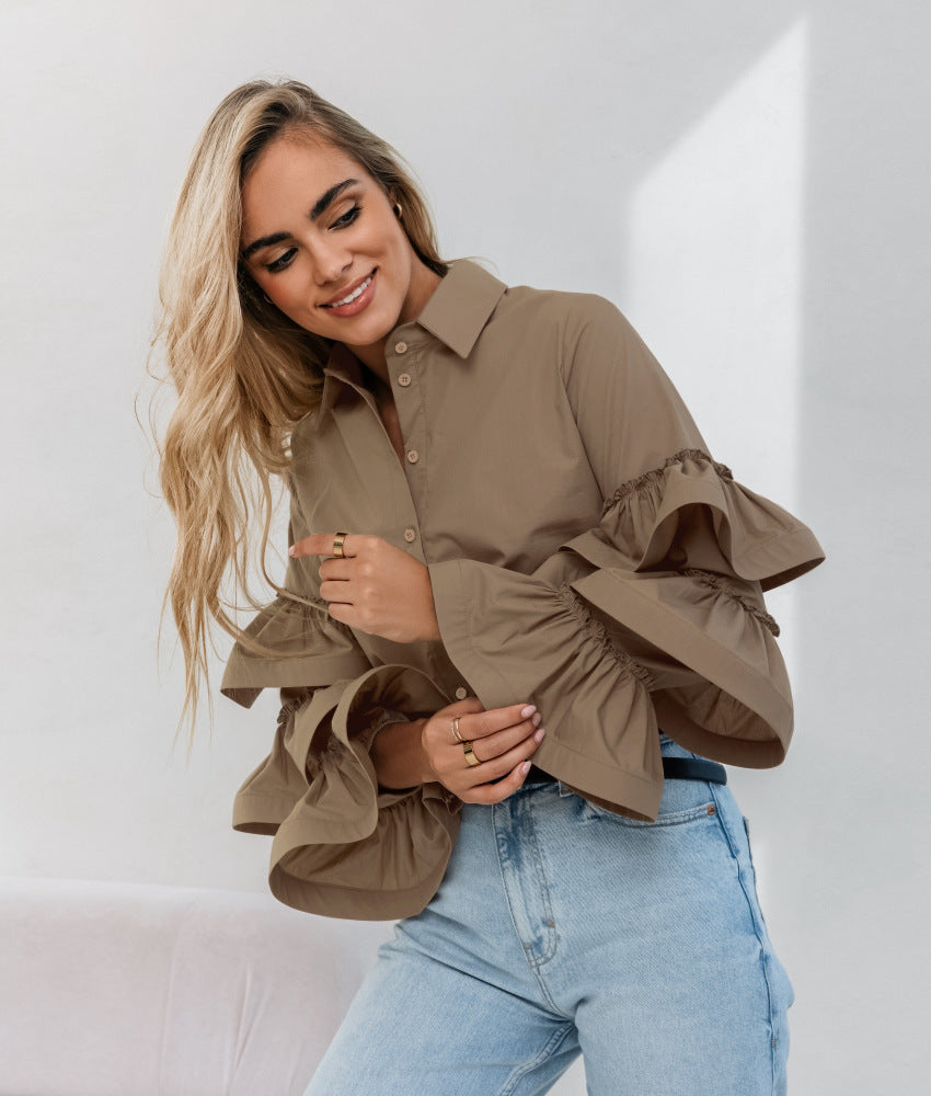Damen Bluse Rüschen Ärmel Elegant Damenkleidung