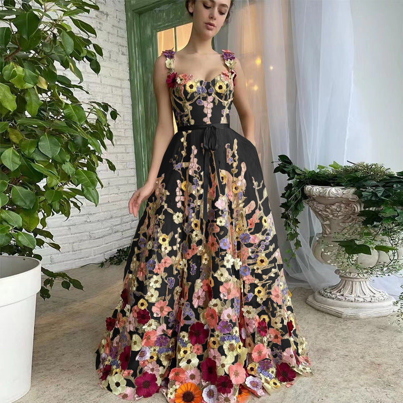 Damen Tüllkleid Blumenmuster mit Taillengürtel Elegant A-Linie