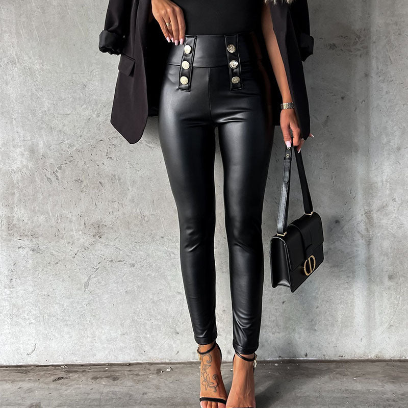 Glänzende Damen Leggings mit Dekor-Knöpfen Elegant