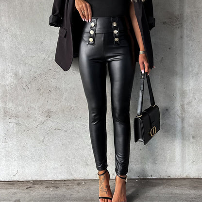 Glänzende Damen Leggings mit Dekor-Knöpfen Elegant