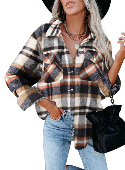 Damen Flanell Blazer Karo Weich & Bequem
