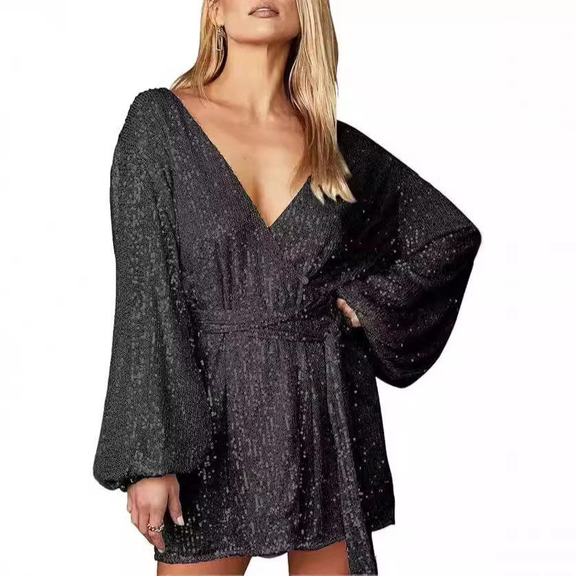 Damen Abendkleid Glitzer V-Ausschnitt Elegant