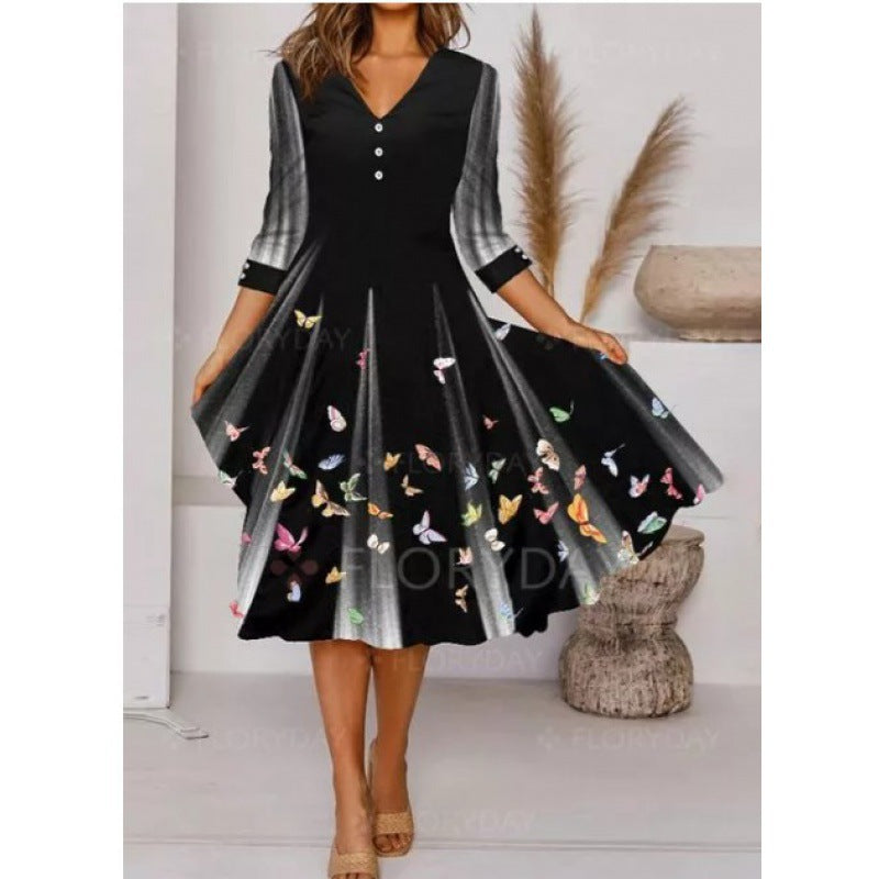 Damen Midi-Kleid V-Ausschnitt Blumenmuster Elegant