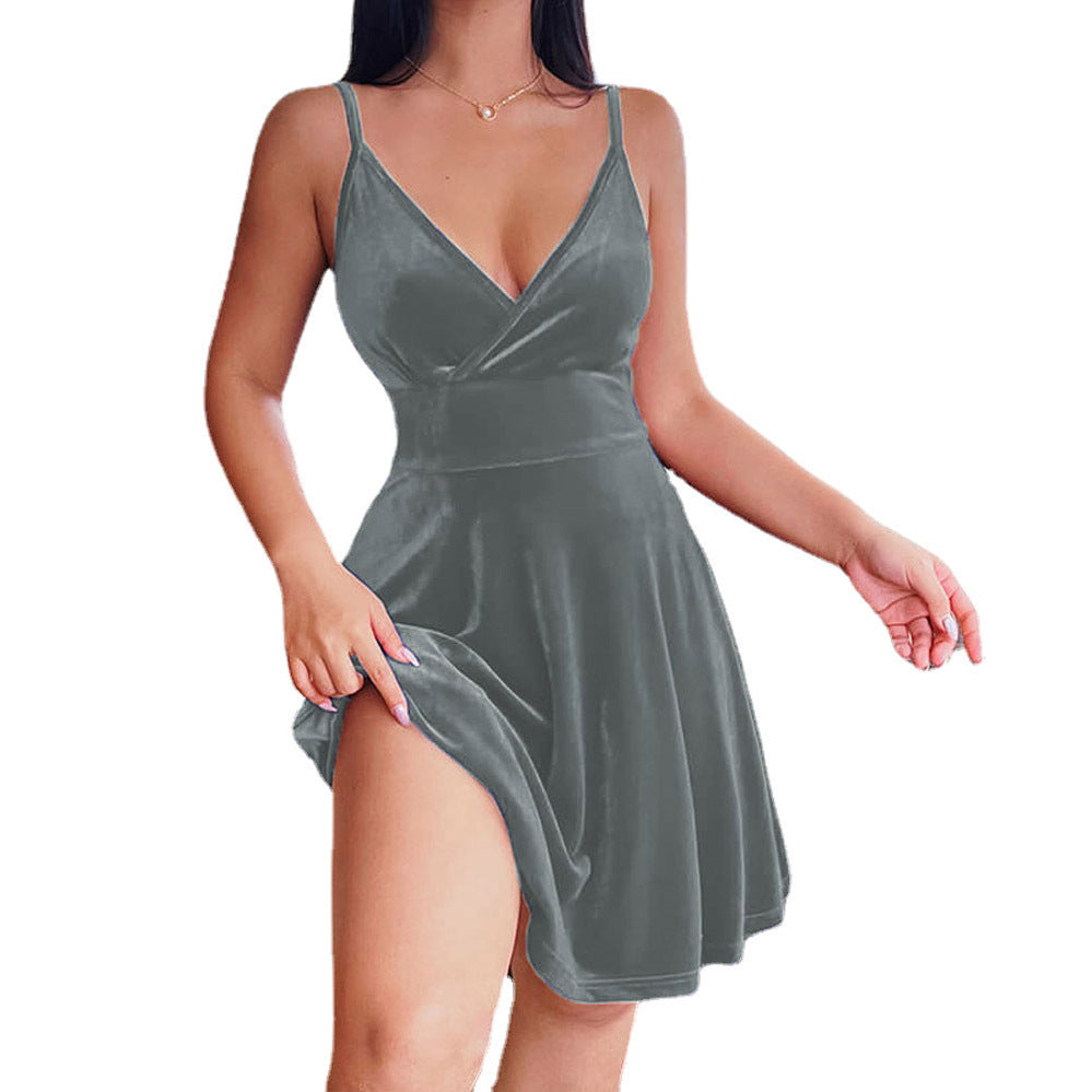 Damen Luxus Samtkleid A-Linie Tiefes Dekolleté