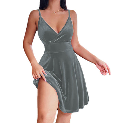 Damen Luxus Samtkleid A-Linie Tiefes Dekolleté